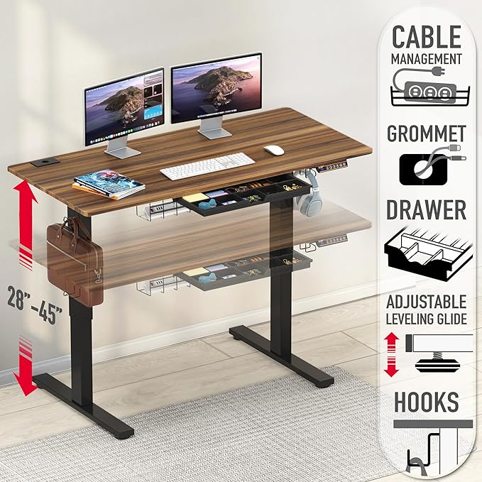 SHW 48-Inch Electric Height Adjustable Standing Desk with Drawer, Memory Preset and Cable Management Tray, Walnut