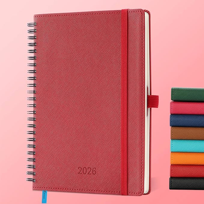 Planner 2026 Daily Weekly and Monthly,8.5"x6.5",12 Months Spiral Bound Calendar Agenda with Self-adhesive Pen Holder,2026 Appointment Book with Vegan Leather Soft Cover,Red