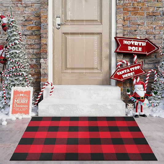 KIMODE Christmas Rug Outdoor 27.5"x43", Washable Christmas Doormat, Farmhouse Door Mats Outside, Red and Black Buffalo Plaid Rug, Reversible Outdoor Christmas Decor for Front Porch Entryway Kitchen
