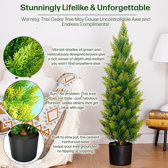 Artificial Cedar Tree 3ft - Outdoor or Indoor - Weather and UV-Resistant Artificial Outdoor Plants - Front Porch | Garden - Faux Cedar Tree - Set of 2