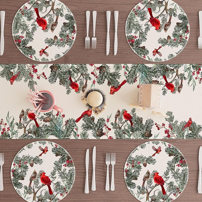 XCHI Cardinal Birds Winter Pine Tree Christmas Xmas Round Placemats Set of 4 Table Mats for Party Home Kitchen Dining Table Decorations 14x14 Inch