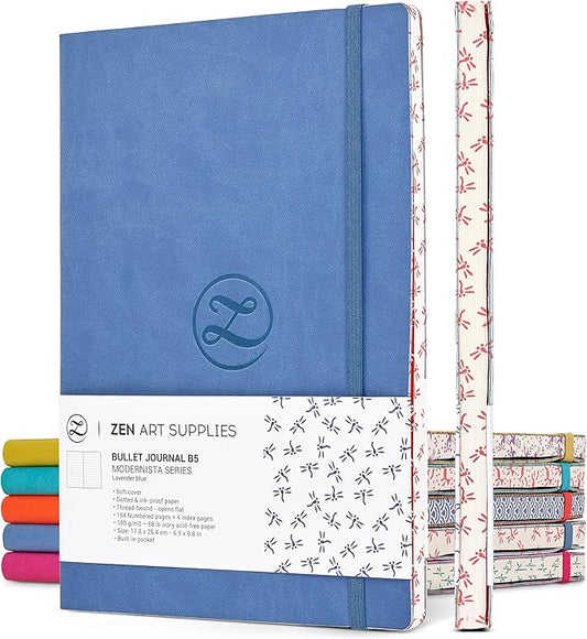 Large B5 Dotted Journal - Enjoy Bullet Journaling with a Soft Cover 7x10-inch, Non-Bleed Thick 120gsm Paper, Dot Journal in Blue, Japanese Edge Motif - Faux Leather Lay Flat Dot Grid Notebook
