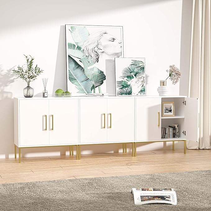 LYNSOM Storage Cabinet with Doors, Set of 3, Modern Buffet Cabinet with Storage, Kitchen Sideboard Buffet, White Wood Accent Cabinet for Living Room, Bedroom, Hallway, Entryway, Office, White