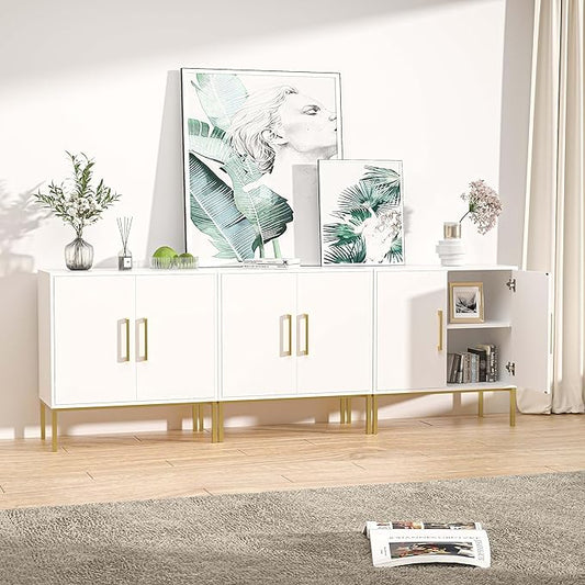 LYNSOM Storage Cabinet with Doors, Set of 3, Modern Buffet Cabinet with Storage, Kitchen Sideboard Buffet, White Wood Accent Cabinet for Living Room, Bedroom, Hallway, Entryway, Office, White