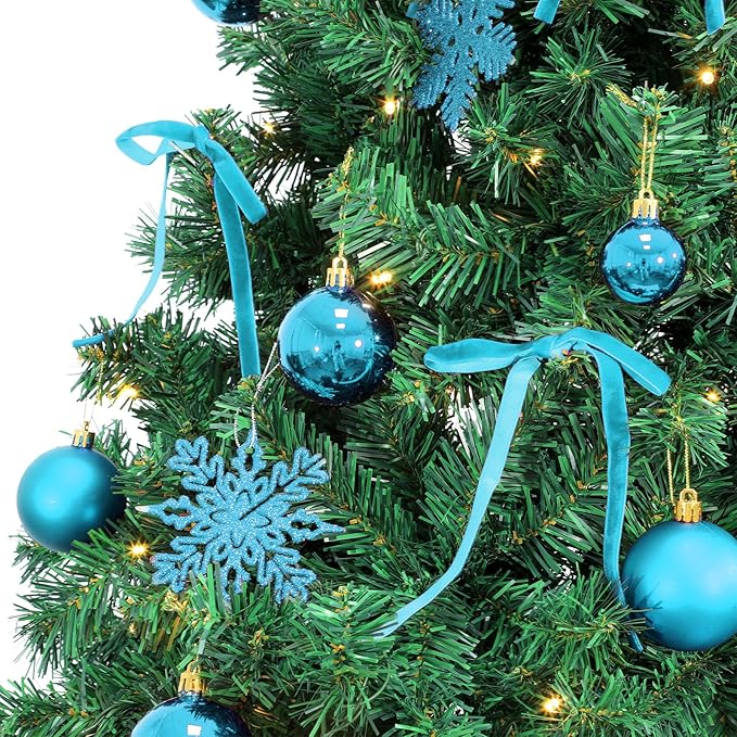 86Pcs Led Light Blue Christmas Tree Decorations Set 100 Led Light Christmas Star Trees Topper with String Lights Xmas Balls Snowflakes Ornaments Bows Xmas Trees Decor 20m Light String