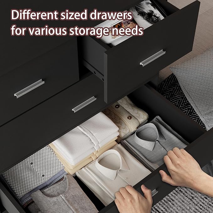 Dresser with Power Outlets Wooden 6 Drawer Dresser with Large Organizer Black Tall Storage Organizer with Smooth Metal Rail Modern Chest of Drawers Closet for Bedroom Hallway