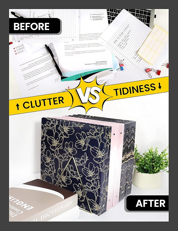 SUNEE 3 Ring Binder, 1 Inch, Cute Binder with 2 Pockets, Decorative Black Marble Heavy Duty (Fit 8.5x11 Inches) for School & Office