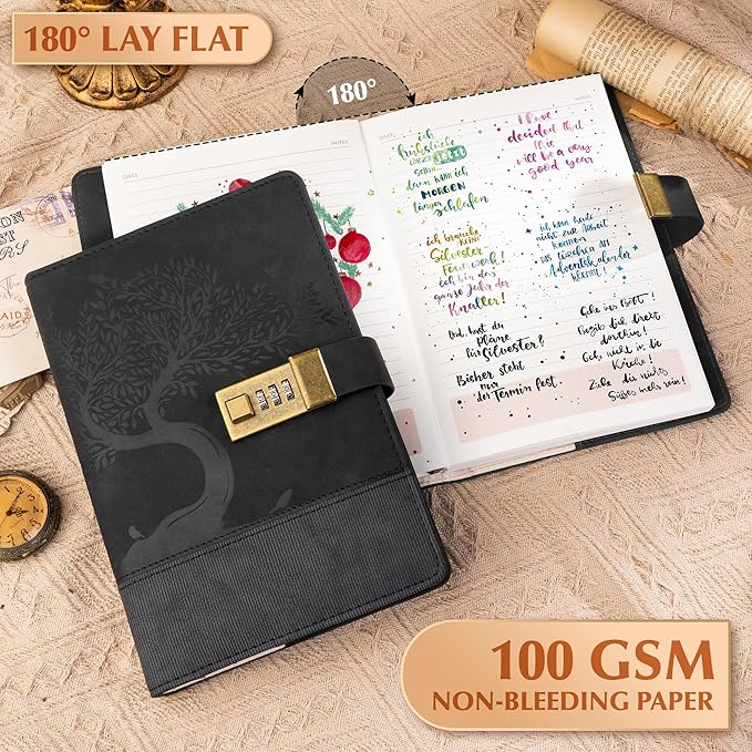 Vintage Diary with Lock for Women Men 256 Pages Leather Password Journal with Lock A5 Locked Journals for Writing Note Taking, 5.9x 8.3 in, Black