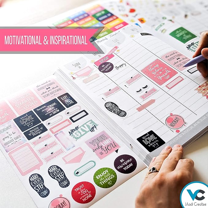 Vladi Creative Cute Colorful Planner Stickers – 1054 pcs / 15 Sheets – Functional & Decorative Icons, Dates, Weather, Flags – Writable Tabs for Bullet Journals, Calendars – Planner Accessories