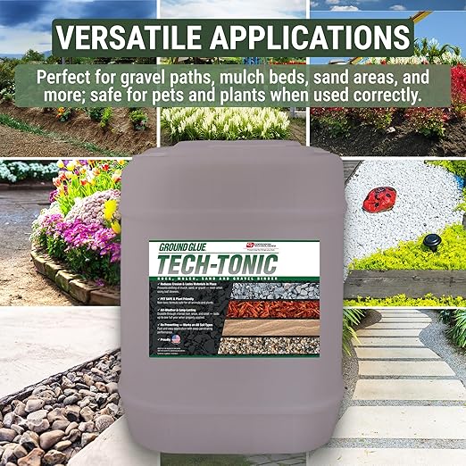 Ground Glue Tech-Tonic Landscape Adhesive for Rock, Mulch, and Sand, Weatherproof Long-Lasting Stabilizer for Trails & Slopes, Pet-Safe Binder for Pea Gravel, Bark & Flower Beds, 5 Gallon Tote