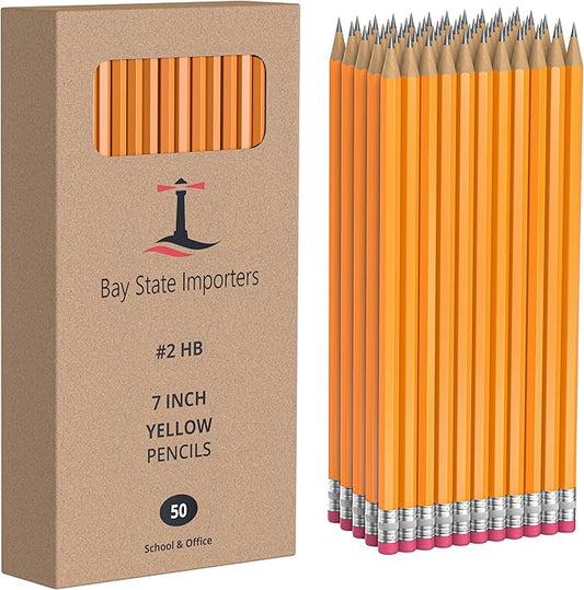 #2 Pencils 50 Pack, Pre-Sharpened HB Wood-Cased Yellow Pencil with Erasers, Bulk School Pencils for Classroom, Office, Teachers, Writing & Drawing
