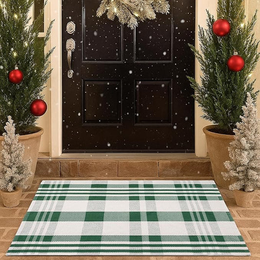 Christmas Green & White Check Rug - 28 x 43 Inches Outdoor Front Door Decor Mat Cotton Washable Hand-Woven Rug Christmas New Year Holiday Porch Entryway Layered Doormat