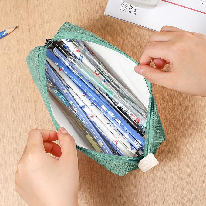 Pencil Bag Pen Case, Soft Corduroy Small Pencil Pouch Organizer with Zipper, Cute Pencil Case Pouch Stationery for Girls and Boys – Green