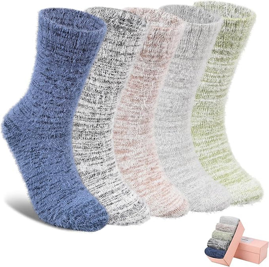 ICEIVY 5 Pair Fuzzy Cozy Socks for Women - Warm Comfy Soft Casual Home Sleep Winter Wool Socks - Gifts for Women
