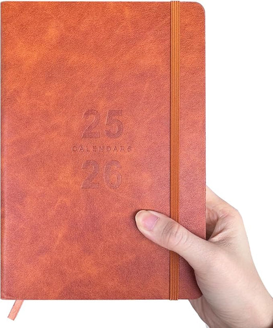 Daily Planner 2025-2026, Academic Planner 2025-2026 Weekly and Monthly Planner, Calendar Book with Hourly Schedule 8.5"x5.8", July 2025 to June 2026, Faux Leather Cover (Brown)
