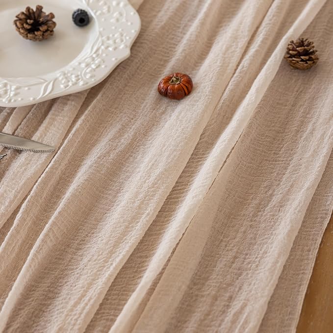 10pcs Light Beige Gauze Rustic Cheesecloth Table Runner 120 Inch 10 FT for Wedding Baby Shower Bridal Shower Birthday Engagement Garden Outdoor Party Long Sheer Boho Decorations