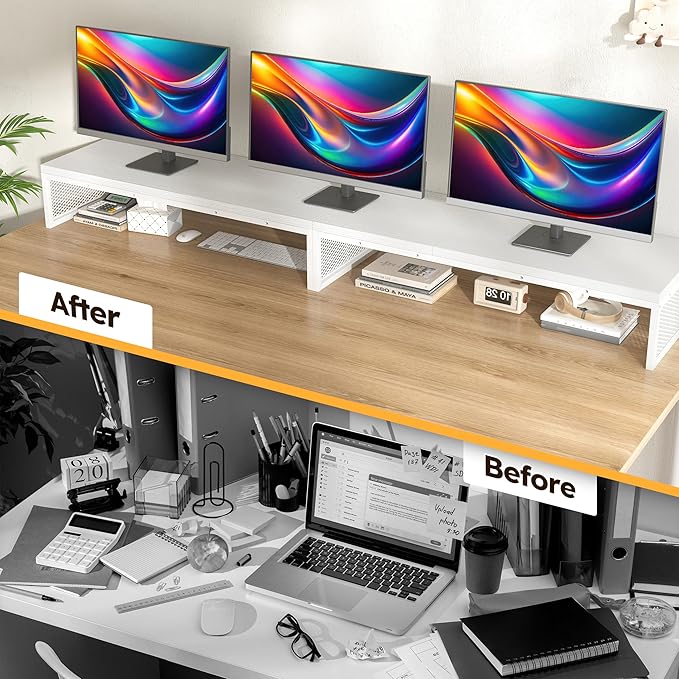 EnHomee 55.2" Computer Monitor Stand, Desk Shelf for Top of Desk for 3 * 23" Monitors/Laptop Computer/PC/Printers, TV Riser for 65 60 55 Inch TV for Bedroom Home Office, White