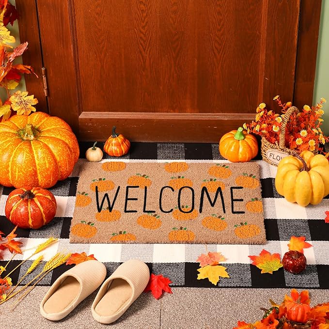 2 Pcs Thanksgiving Coir Doormat Outdoor Thanksgiving Orange Pumpkin Welcome Outdoor Rugs for Layered Buffalo Black White Plaid Mats for Autumn Fall Front Door Porch Entryway Decor
