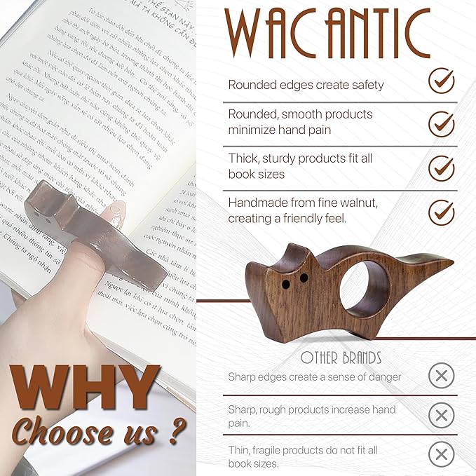 Cat Book Page Holder, Smooth Finish Walnut Wood Book Holder for Reading, Ideal Book Reader Gifts & Reading Accessories,Book Worm Gifts for Women, Thumb Book Page Holder - Book Lovers & Literary Gifts