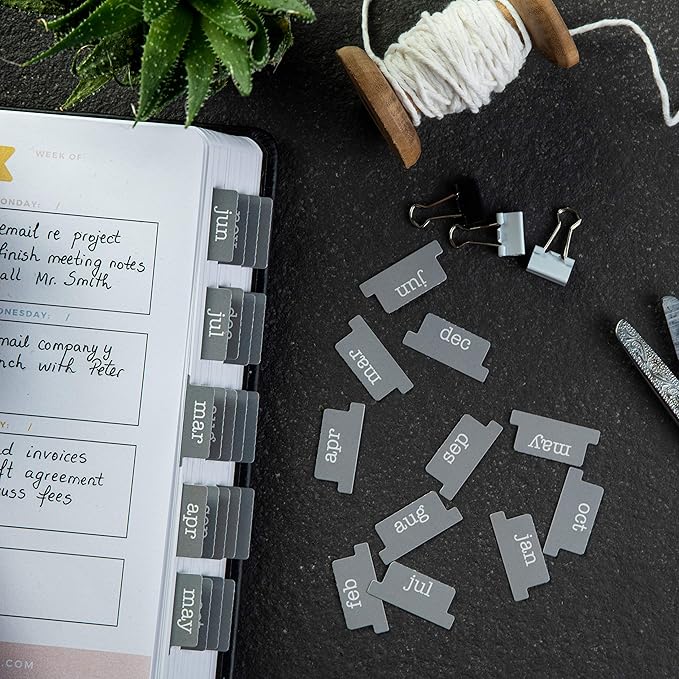 DiverseBee Laminated Planner, 24 Peel and Stick Tabs (12 Month, 12 Blank), Retro Monthly Dividers