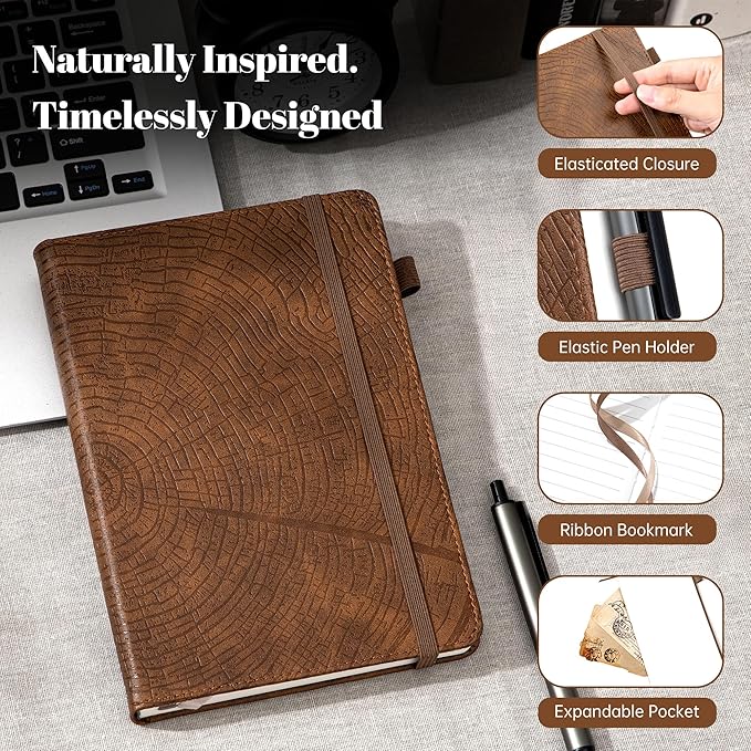 CAGIE Lined Journal for Men Women, Tree Growth Ring Leather Bound Journal Notebook, 256 Pages 100 GSM Journals for Writing, A5 Hardcover Journaling Notebooks for Work, Note Taking