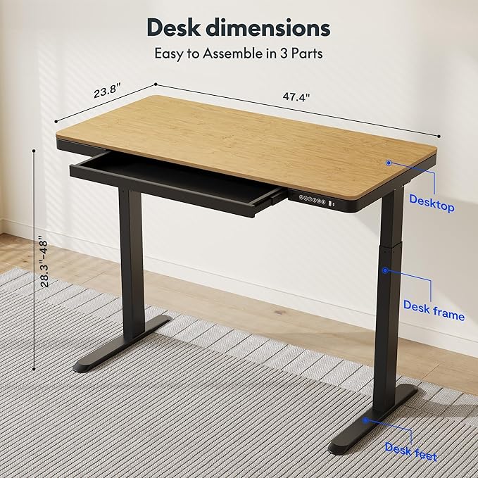 FLEXISPOT Comhar Electric Standing Desk with Drawer Desktop & Adjustable Frame w/USB Charge Ports (Bamboo-Look Laminate/Black, Wood)