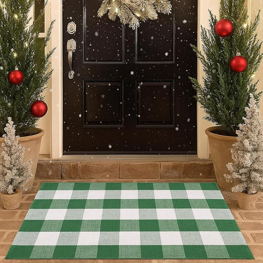 Christmas Green & White Plaid Rug - 28 x 43 Inches Outdoor Front Door Decor Mat Cotton Washable Hand-Woven Rug Christmas New Year Holiday Porch Entryway Layered Doormat