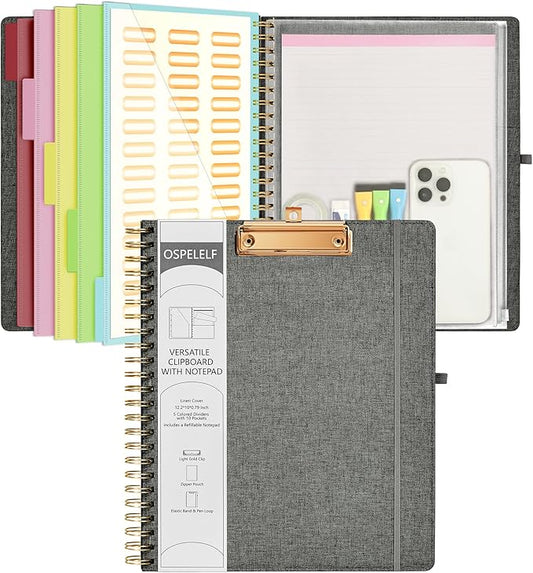 Ospelelf Foldable Spiral Clipboard Folio with Storage Zipper Pouch, 5 Plastic Folders with 10 Pockets,Refillable Lined Notepad (11" x 8.5"), Hardcover Project Organizer with 39 Stickers (Dark Grey)