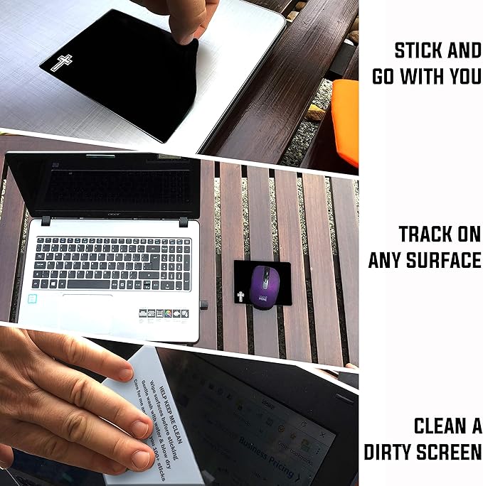 Mouse Pad Adhesive Bottom - Sticks to Any Surface - Portable - Webcam Covers and Screen Cleaner Included (Cross-Black)