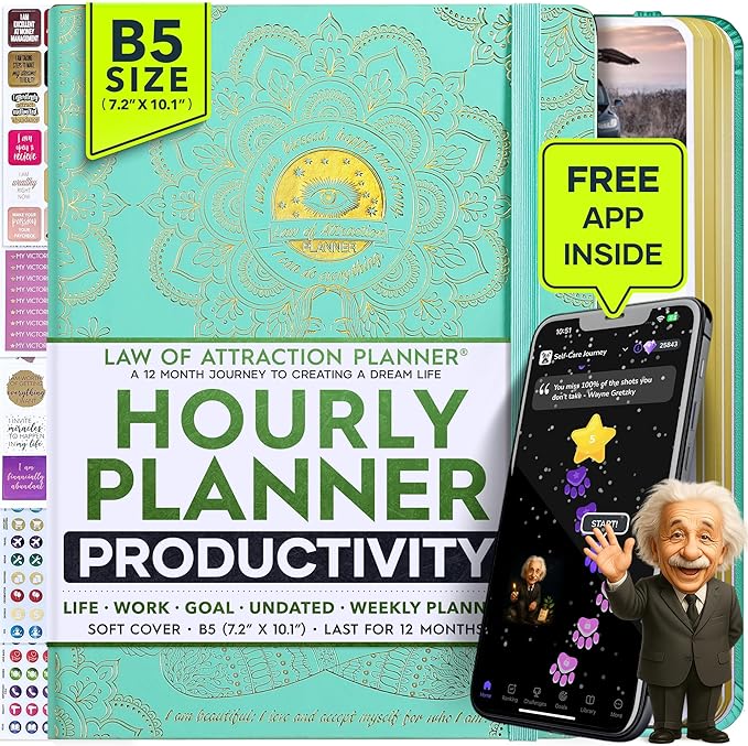 Hourly Planner – Undated Weekly & Monthly Goal Setting Planner, 12-Month to Increase Productivity | Life & Gratitude Journal, Include Foldable Vision Board, Gift Box & Stickers