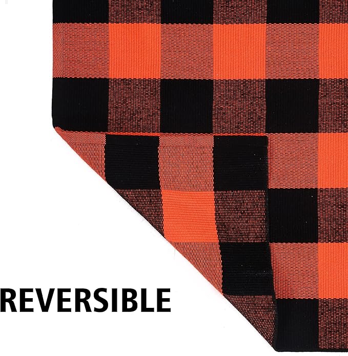 Fall Plaid Area Rug 4x6 Ft, Orange and Black Buffalo Check Large Farmhouse Cotton Rug, Hand-Woven Washable Indoor Outdoor Carpet for Halloween Thanksgiving Autumn Porch Patio Decor