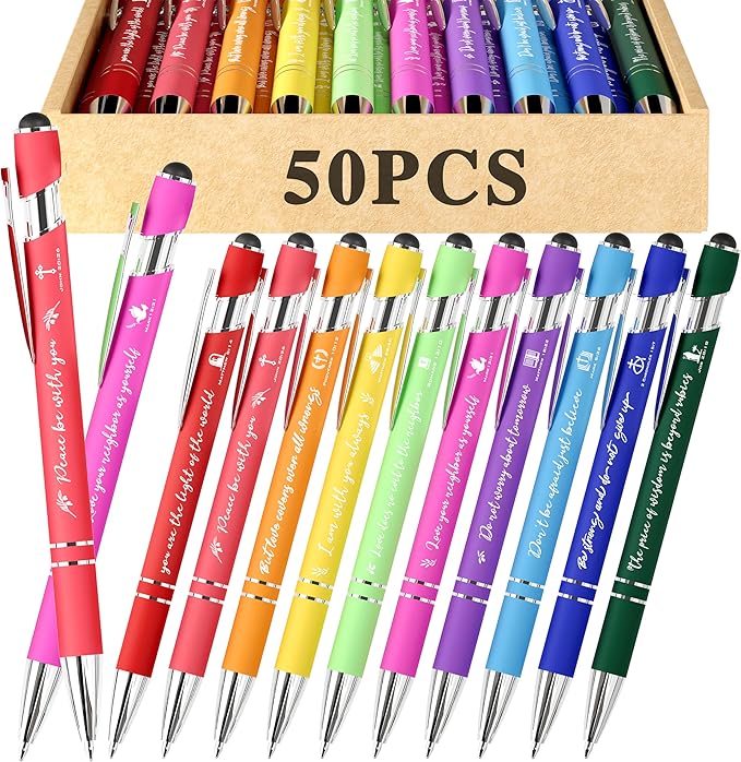 Christian Pens 2-in-1 Stylus & Bible Verse Pens, Black Ink, 50-Pack, Modern, Unisex, Office, Medium Point, Aluminum, Rainbow Theme, Retractable, Smooth Grip, Adult, Note Taking & Writing