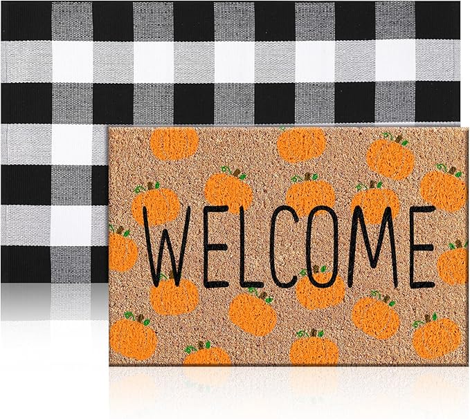 2 Pcs Thanksgiving Coir Doormat Outdoor Thanksgiving Orange Pumpkin Welcome Outdoor Rugs for Layered Buffalo Black White Plaid Mats for Autumn Fall Front Door Porch Entryway Decor