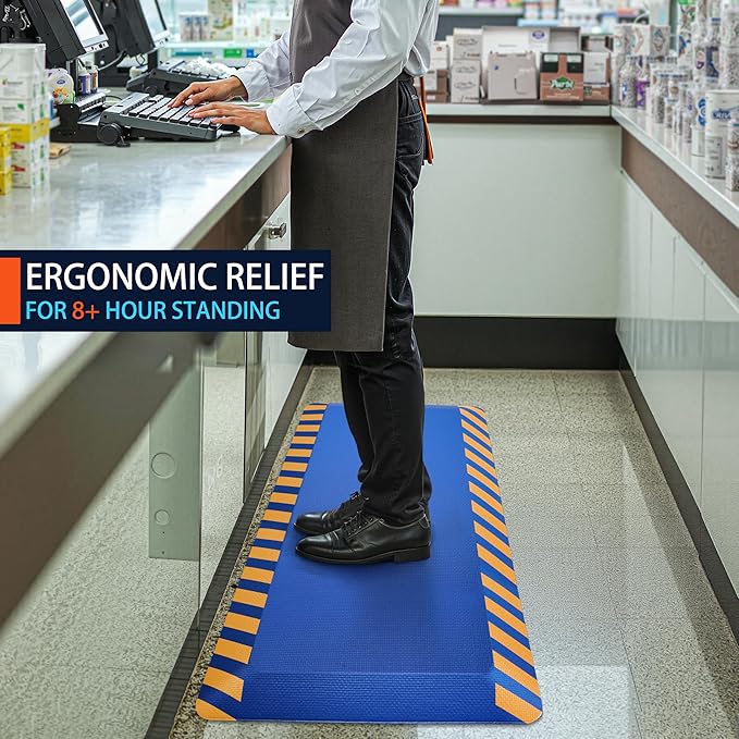 FEATOL Anti Fatigue Mat Industrial, Ergonomic Standing Floor Mat for Work for Stand, Blue with Yellow Border Safety 20" x 39"-Support for Leg & Back Pain