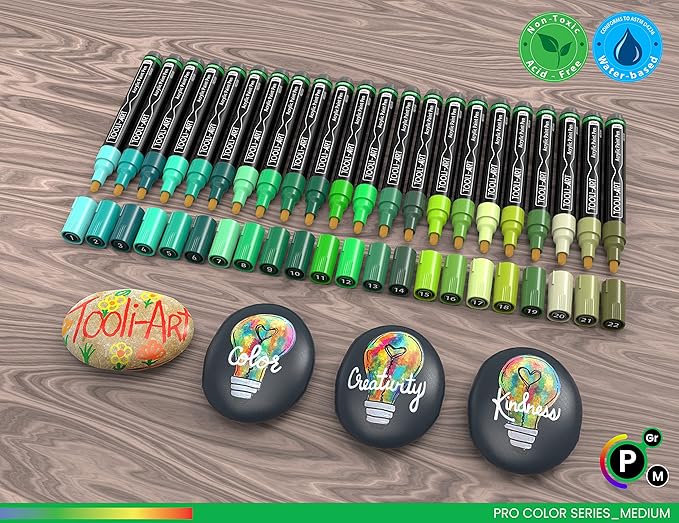 TOOLI-ART 22 Acrylic Paint Markers Paint Pens Pro Color Series Set 3mm Medium Tip for Rock Painting, Glass, Mugs, Wood, Metal, Glass Paint, Canvas, DIY. Non Toxic, Waterbased, Quick Drying (GREENS)