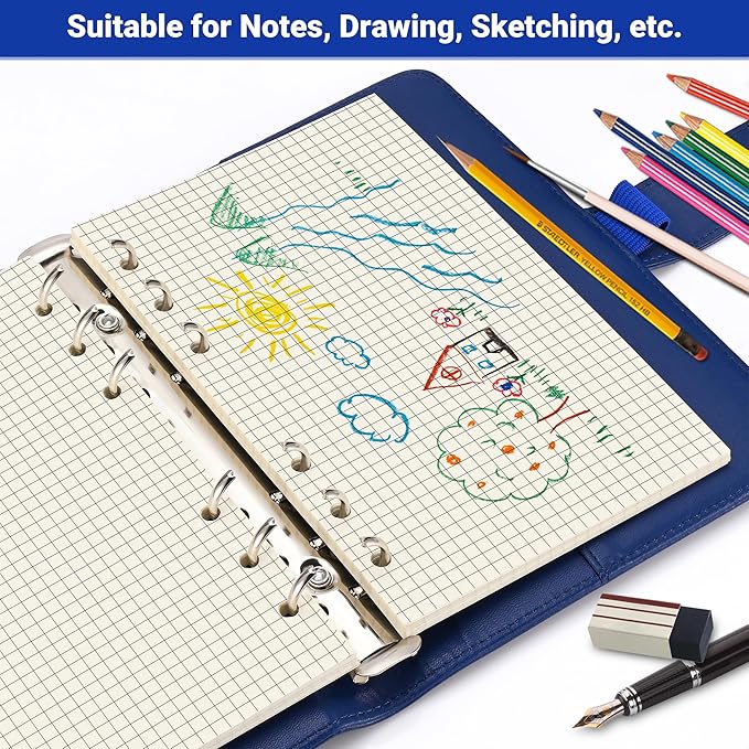 A6 Grid-Ruled Refill Paper, 100gsm Thick Beige No-Bleed Sheets (80-Pack), Pre-Punched – Fits A6 6-Ring Binders for Office, School & Teachers