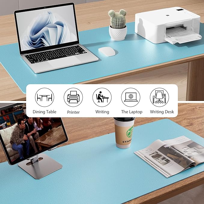 Aothia Large PU Leather Desk Pad Protector – Non-Slip Mouse Pad & Writing Mat for Office/Home, Waterproof, Easy to Clean (31.5" x 15.7", Blue Topaz)