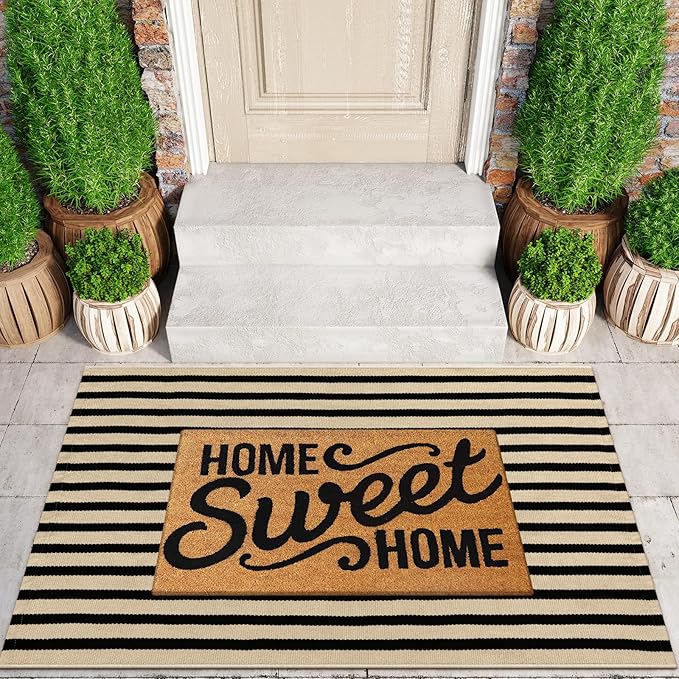 KIMODE Black and Khaki Striped Outdoor Rug 3'x 5', Washable Reversible Striped Outdoor Patio Rugs, Cotton Hand-Woven Farmhouse Welcome Layered Door Mats for Front Door, Entryway, Porch Decor