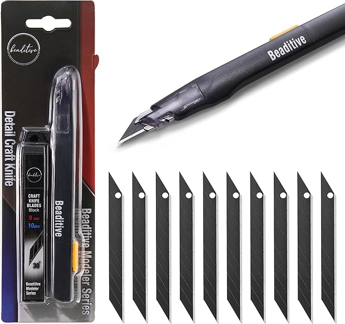 Beaditive High Precision Detail Craft Knife with 10 Blades - 30 Degree Blade Utility Knife - Art, Craft, Model Making (1 Black Knife, 10 Black Blades)