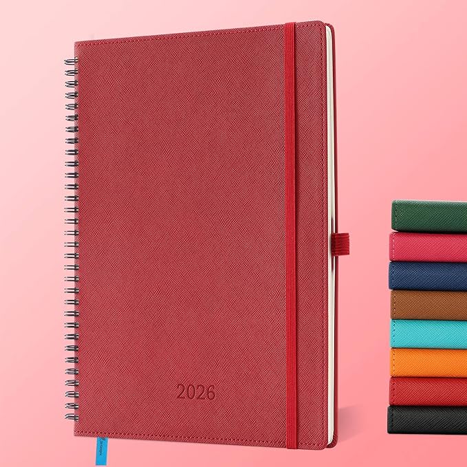 Planner 2026 Daily Weekly and Monthly,11.5"x8.5",12 Months Spiral Bound Calendar Agenda with Self-adhesive Pen Holder,2026 Appointment Book with Vegan Leather Soft Cover,Red