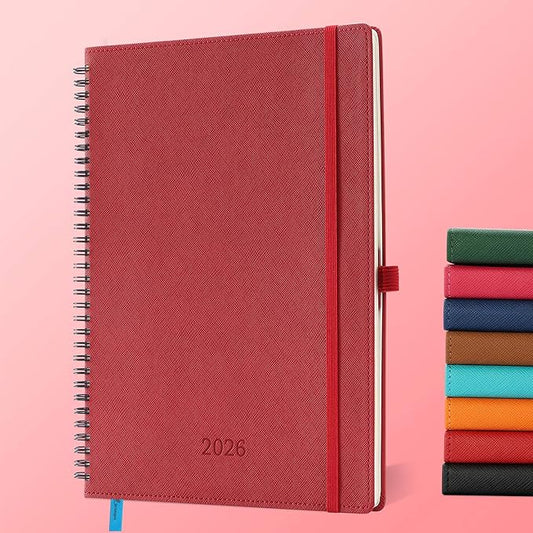 Planner 2026 Daily Weekly and Monthly,11.5"x8.5",12 Months Spiral Bound Calendar Agenda with Self-adhesive Pen Holder,2026 Appointment Book with Vegan Leather Soft Cover,Red