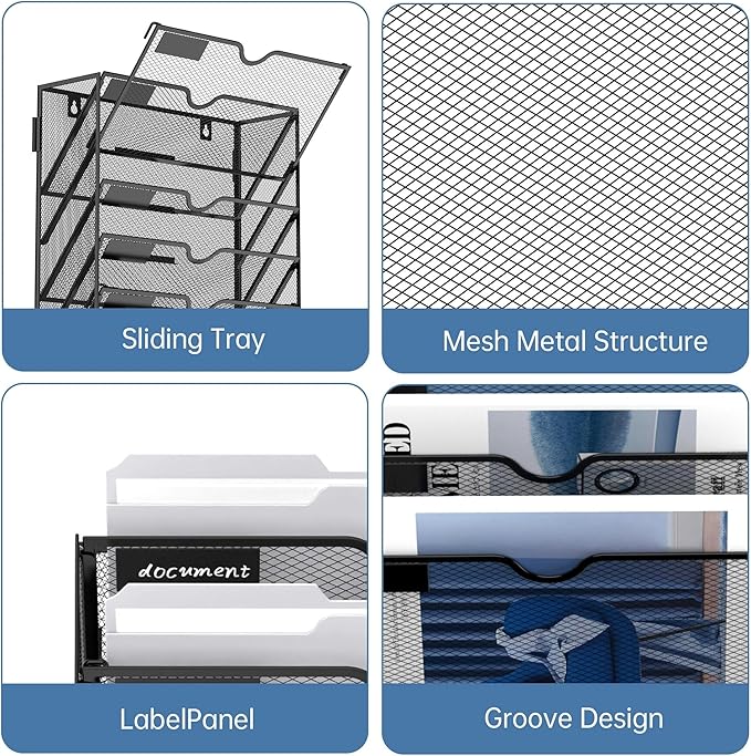 10 Tier Wall File Organizer Office Hanging Mail Holder Wall Mounted, Mesh Paper Document Organizer for Office Home School, Black