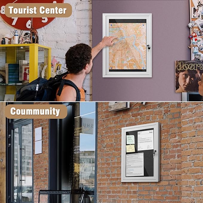 26"x20" Enclosed Bulletin Board, Outdoor Lockable Weather-Resistant Aluminum Cork Noticeboard for School & Office, Silver Frame w/Black Flet