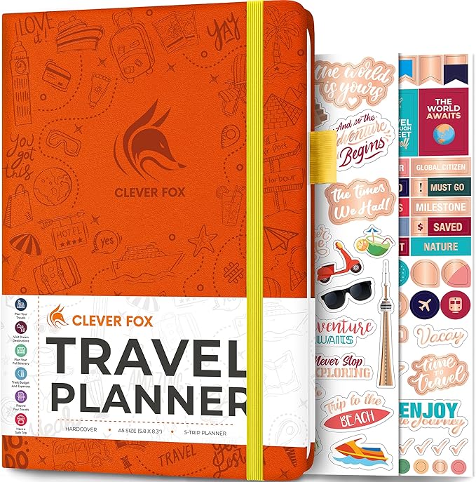 Clever Fox Travel Journal – Vacation & Trip Organizer with Budget Plan, Packing List, Travelling Expense Tracker, A5 (Orange)