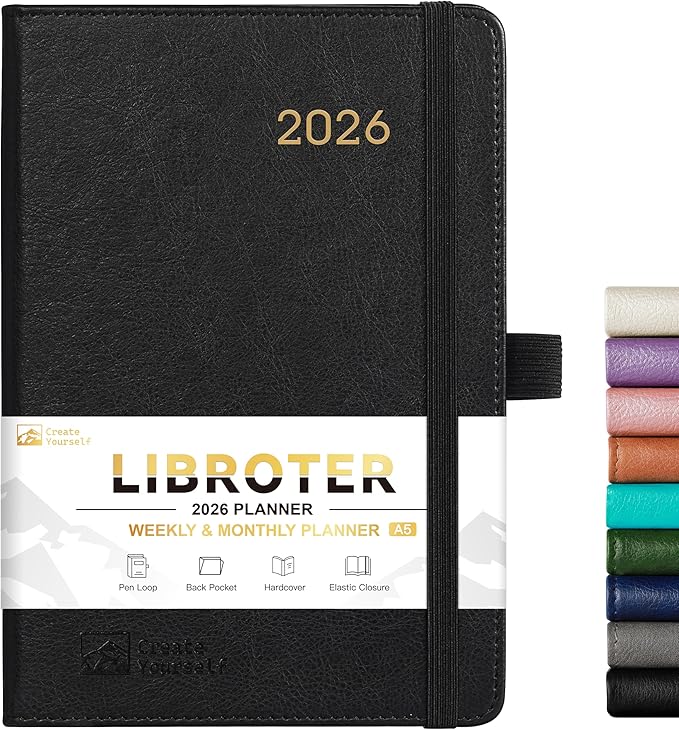 2026 Planner - Planner 2026, 2026 Weekly Monthly Planner, Jan.2026 - Dec.2026, 5.7'' x 8.4'', Thick Paper, Leather Cover, Pen Holder, Back Pocket, Bookmarks, Perfect Daily Organizer - Black