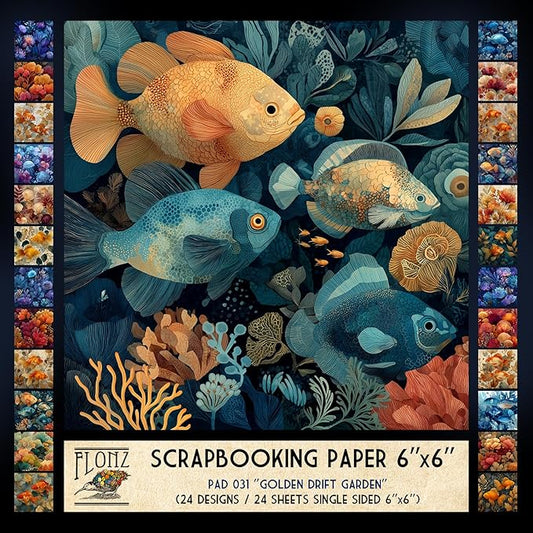 FLONZ Scrapbook Paper (24 sheets 6"x6") Golden Drift Garden ~ Ornamental digital illustrations featuring koi fish and lush floral backdrops in painterly style with rich gradients and soft glowing