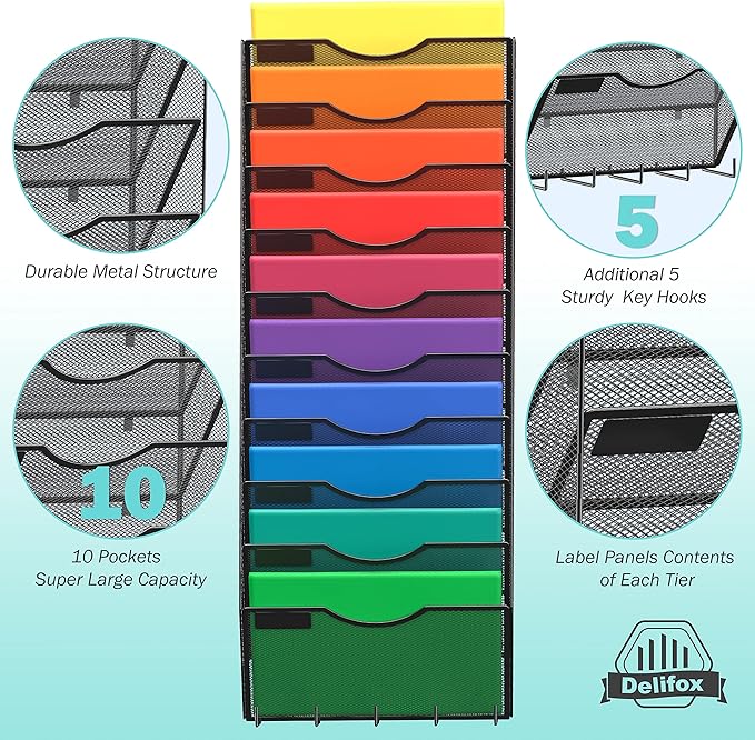 10-Tier Wall Mounted Hanging File Organizer Metal Mesh Wall Organizer Wall File Holder Magazine Rack for Office Classroom Organization