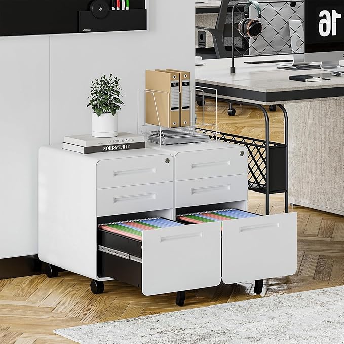 STANI 3 Drawer Filing Cabinet, Metal Filing Cabinet Legal/Letter Size with Lock, Mobile Storage Cabinet for Home and Office, Fully Assembled Except Wheels White