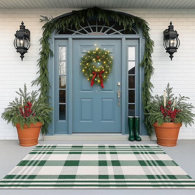 Christmas Green & White Check Rug - 4' x 6' Outdoor Front Door Decor Mat Cotton Washable Hand-Woven Rug Christmas New Year Holiday Porch Entryway Layered Doormat