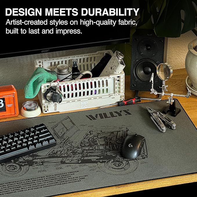 MPCO. Blueprints Large Gaming Desk Pad - 36" x 17" Aeroglyde Fabric Willys Jeep – Green Desk Mats - Non-Slip, Washable, Smooth Glide for Precision Gaming & Work